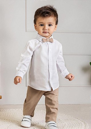 Conjunto Masc Camisa ML Branco e Calça Oxford Sarja Caqui Batizado - Anjos Baby