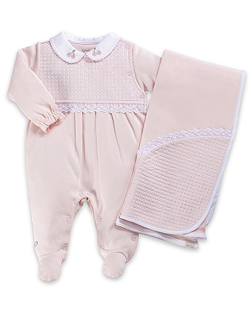 Saída Maternidade Fem Rosa e Branco Flores e Pérolas P - Anjos Baby