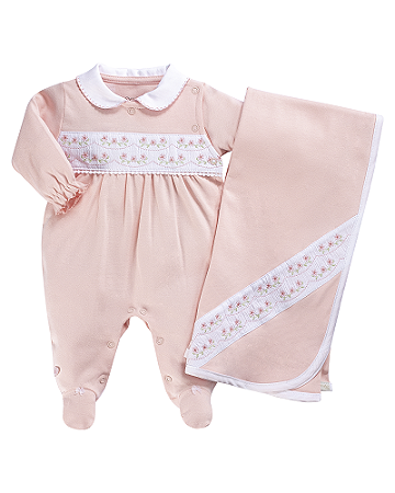 Saída Maternidade Fem Rosa e Branco Florido RN - Anjos Baby