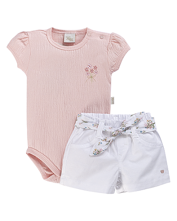 Conjunto Fem Body Rosa Bordado e Short Branco P - Anjos Baby