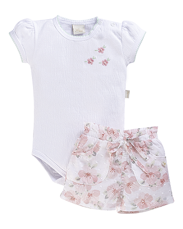 Conjunto Fem Body Bordado e Short Florido P- Anjos Baby