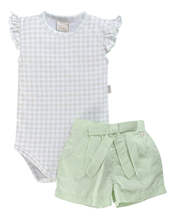 Conjunto Fem Body C/ Short Xadrez Verde e Laço M - Anjos Baby