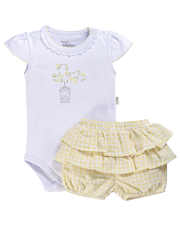 Conjunto Fem Body Bordado c/ Renda e Tapa Fralda - Anjos Baby