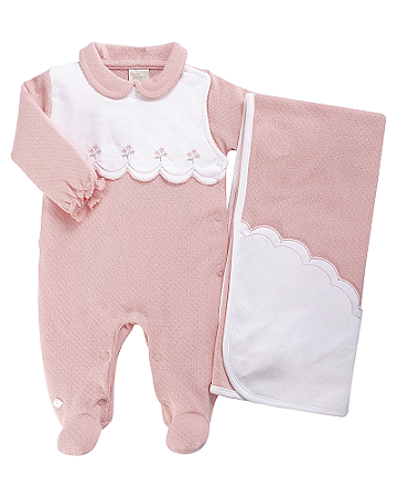 Saída Maternidade Fem Rosa e Branco Flores e Pérolas P - Anjos Baby