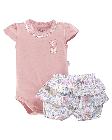 Conjunto Body Rosa C/ Renda e Borboletas Short Estampado P - Anjos baby