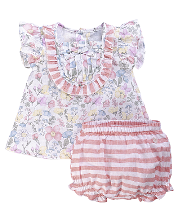 Conjunto Fem Bata Florida c/ Tapa Fralda Listrado P - Anjos Baby