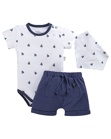 Conjunto Body Veleiros e Bermuda Azul C/ Bandana P - Anjos Baby