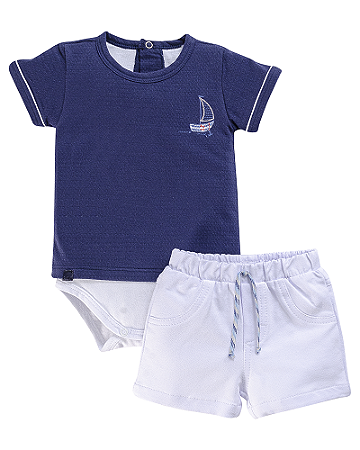 Conjunto Masc Body Azul Barquinho  e Bermuda Branco P - Anjos Baby