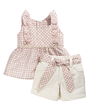 Conjunto Fem Bata Xadrez e Short Moletom - Anjos Baby