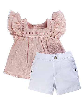 Conjunto Fem Bata Rosa C/ Babado e Short Branco M - Anjos Baby