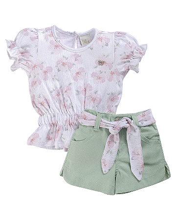 Conjunto Fem Body C/ Manga Bufante e Short C/ Cinto M  - Anjos Baby