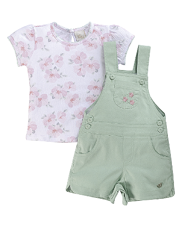 Jardineira Verde e Bordado C/ Blusa Estampada G - Anjos Baby