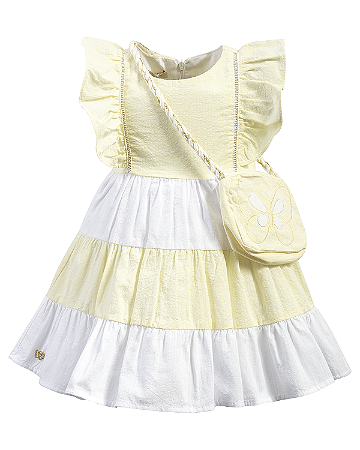Vestido Maquinetado Amarelo e Branco com Bolsa Borboleta - Anjos Baby