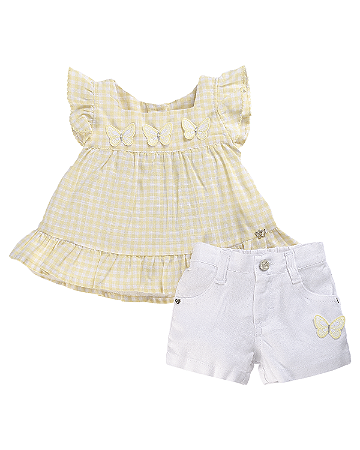 Conjunto Bata Xadrez Amarelo C/ Short C/ Borboletas - Anjos Baby