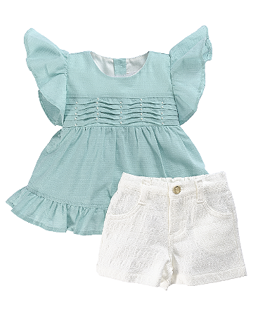 Conjunto Fem Bata C/ Babadinhos Azul Ciano e Short Branco G - Anjos Baby