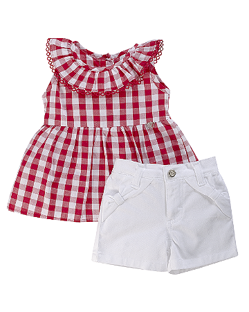 Conjunto Fem Bata Xadrez Vermelho e Short Branco G - Anjos Baby