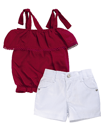 Conjunto Fem Blusa Vermelha e Short Branco G- Anjos Baby