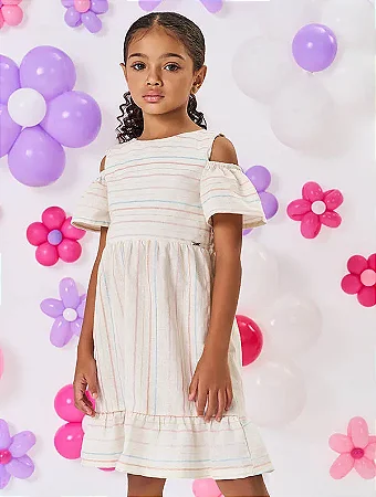 Vestido Bege c/ Listras Coloridas - Cinti
