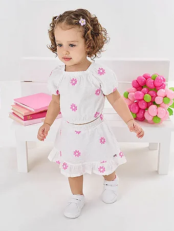 Conjunto Fem Blusa E Saia-Short C/ Bordado de Flor Branco - Cinti