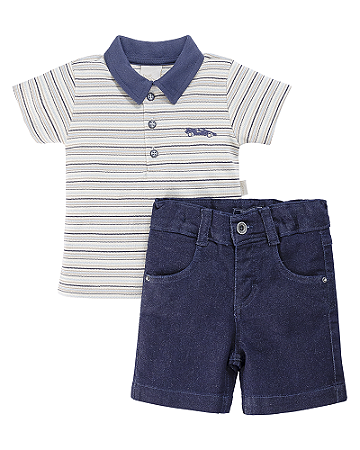 Conjunto Masc Camisa Listrada e Short Sarja Azul Escuro M- Anjos Baby
