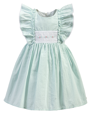 Vestido Maquinetado Verde Quadriculado e Bordado Flores 01-Anjos Baby