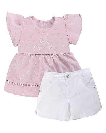Conjunto Fem Bata Rosa Bordada e Short Branco 02 - Anjos Baby