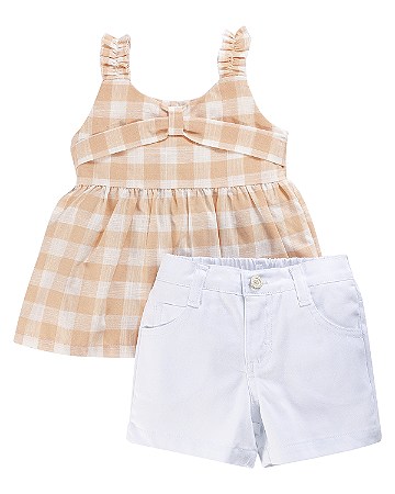 Conjunto Fem Bata Rosa Quadriculada e Short 01 - Anjos Baby