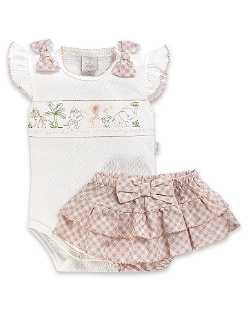 Conjunto Fem Body Bordado e Short c/ Babado Rosa - Anjos Baby