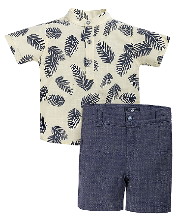Conjunto Masc Gola Padre e Folhagem e Short Azul 01- Anjos Baby