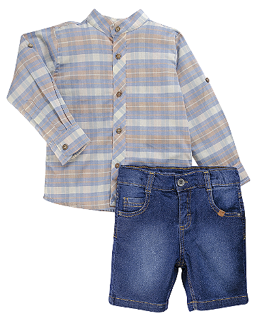 Conjunto Masc Camisa ML Listrada e Bermuda Jeans 02- Anjos Baby