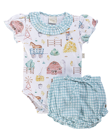 Conjunto Fem Body Fazendinha e Tapa Fralda P- Anjos Baby