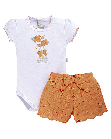 Conjunto Fem Body Bordado e Short em Lese C/ Laço P - Anjos Baby