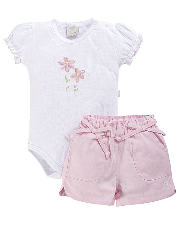 Conjunto Fem Body Bordado e Rosa P- Anjos Baby
