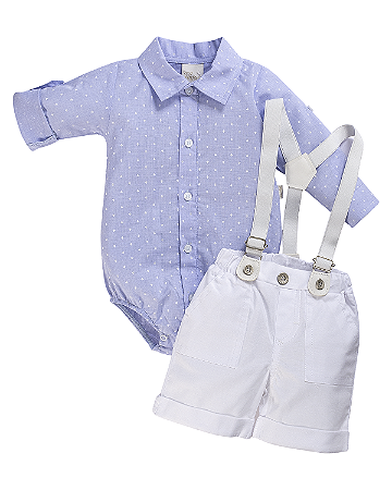 Conjunto Masc Body ML e Bermuda Branca c/ Suspensório P - Anjos Baby