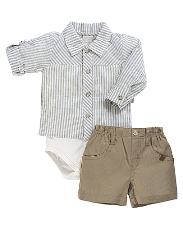 Conjunto Masc Body ML Listrado Verde e Short Sarja - Anjos Baby