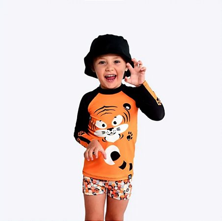 Conjunto Masc Blusa ML Proteção UV e Sunga Tigre Laranja - Marujos e Sereias