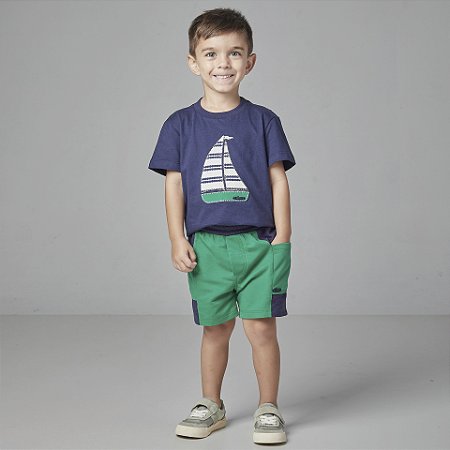 Conjunto Masc Infantil com C/ Camiseta de Veleiro e Bermuda Duas Cores - Oliver