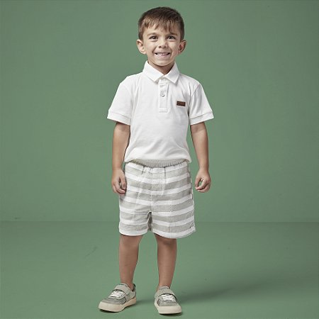 Conjunto Masc Infantil Polo Off White e Bermuda Listrada Verde - Oliver