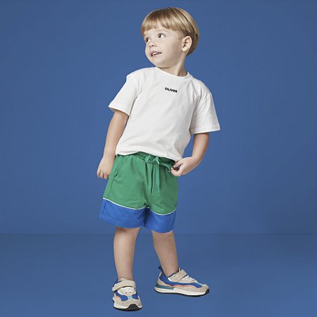 Conjunto Masc Infantil Camiseta Off White e Bermuda Bicolor Verde e Azul - Oliver