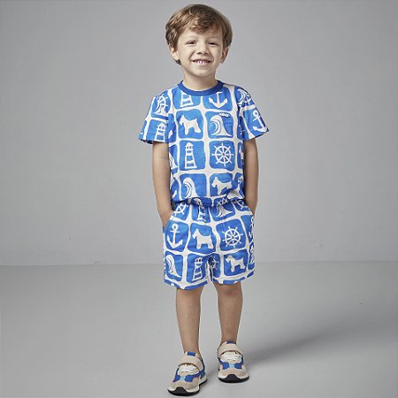 Conjunto Masc Infantil Camiseta e Bermuda Branco com Detalhes Azuis - Oliver