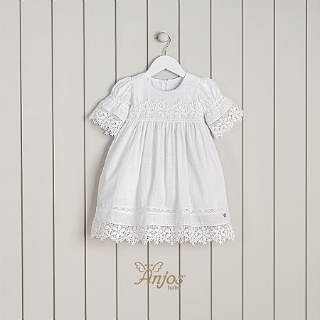 Vestido Branco Maquinetado Batizado- Anjos Baby