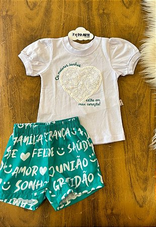 Conjunto Fem Blusa c/ Coração e Short Verde Tactel- Jaca Lelé