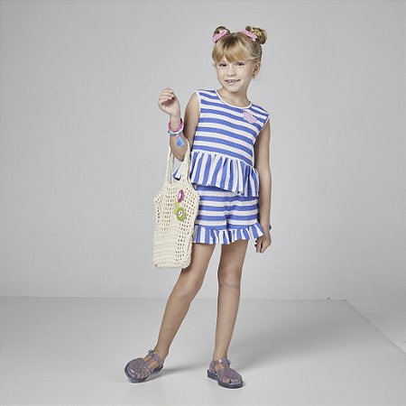 Conjunto Fem Infantil Blusa e Short c/ Babados Listrado Azul- Mylu