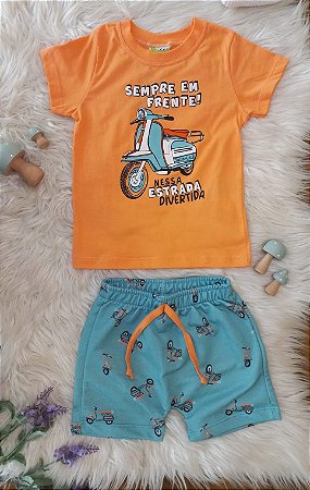 Conjunto Masc Camiseta Laranja  e Bermuda Moletinho - Jaca Lelé