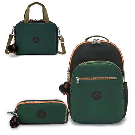Mochila Seoul Xl + Lancheira Miyo + Estojo Gitroy Verde Tree House Bl - Kipling