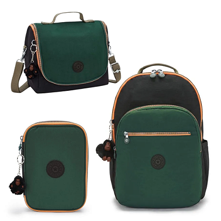 Mochila Seoul Xl + Lancheira New Kichirou + Estojo Estojo 100 Pens Verde Tree House Bl - Kipling