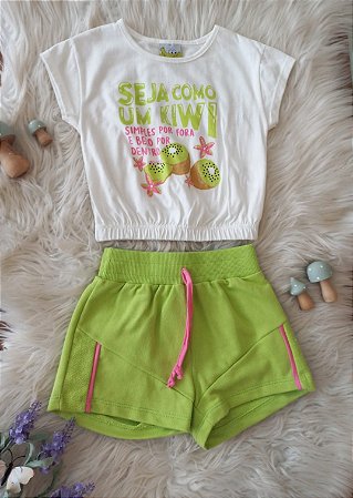 Conjunto Fem Blusa Estampa Kiwi e Short Verde 02- Jaca Lelé
