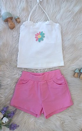 Conjunto Blusa Branca S/ Alça e Short Rosa Flores - Have Fun