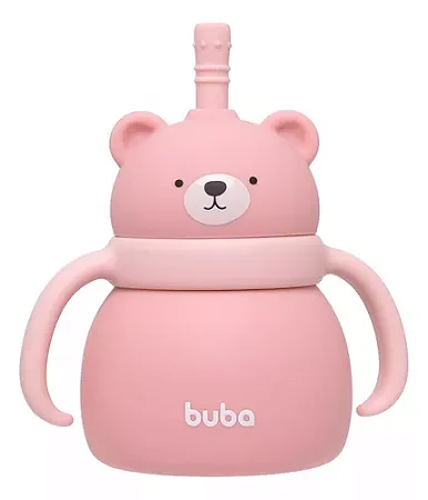 Copo em Silicone Com Canudo Ursinho Rosa - Buba