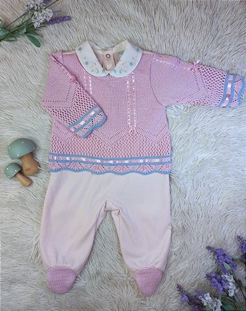 Macacão Tricot Maria Eliza Rosa/Azul - Beth Bebê